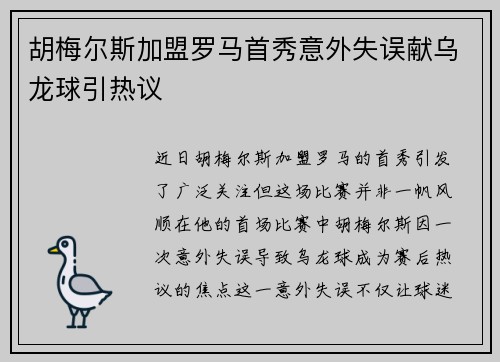 胡梅尔斯加盟罗马首秀意外失误献乌龙球引热议