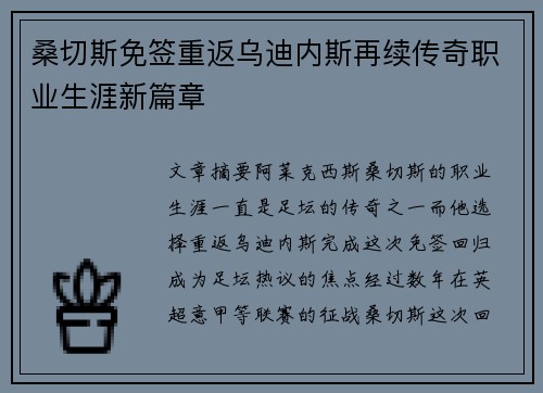 桑切斯免签重返乌迪内斯再续传奇职业生涯新篇章